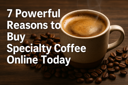 Steaming cup of specialty coffee in a ceramic mug surrounded by roasted coffee beans on a rustic wooden table