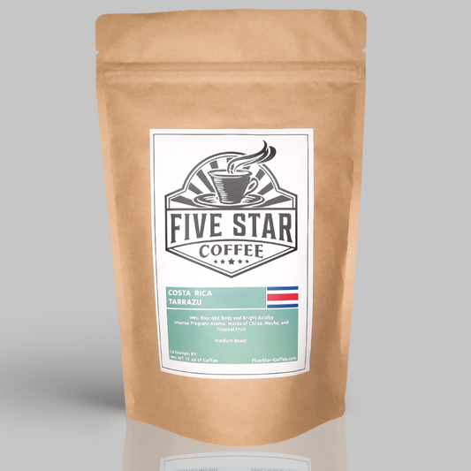 Costa Rica Tarrazú single origin coffee bag from Five Star Coffee, featuring bright, citrusy, and smooth flavor notes. Fresh roasted in Kentucky.