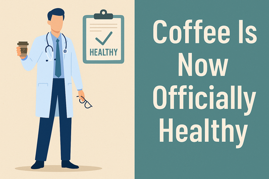 Illustration announcing that coffee is officially recognized as healthy, featuring a coffee cup with a health checkmark and bold text highlighting the FDA update.