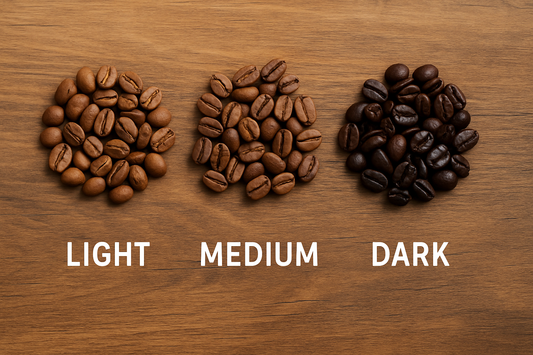 Three piles of coffee beans labeled light, medium, and dark roast, arranged on a wooden surface to visually compare roast levels by color and texture.