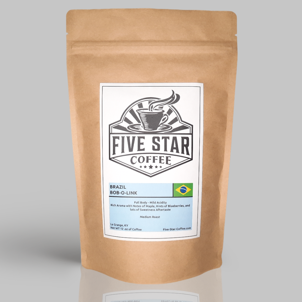 Five Star Coffee Brazil Bob-O-Link medium roast coffee bag featuring a kraft packaging design with label showing tasting notes of maple, blueberries, and sweetness, and the Brazilian flag.