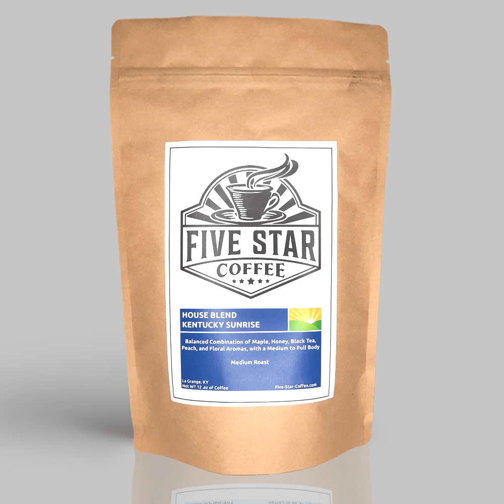 Five Star Coffee Kentucky Sunrise medium roast house blend coffee bag featuring sweet and floral flavor notes of maple, honey, and black tea, roasted in La Grange, KY.