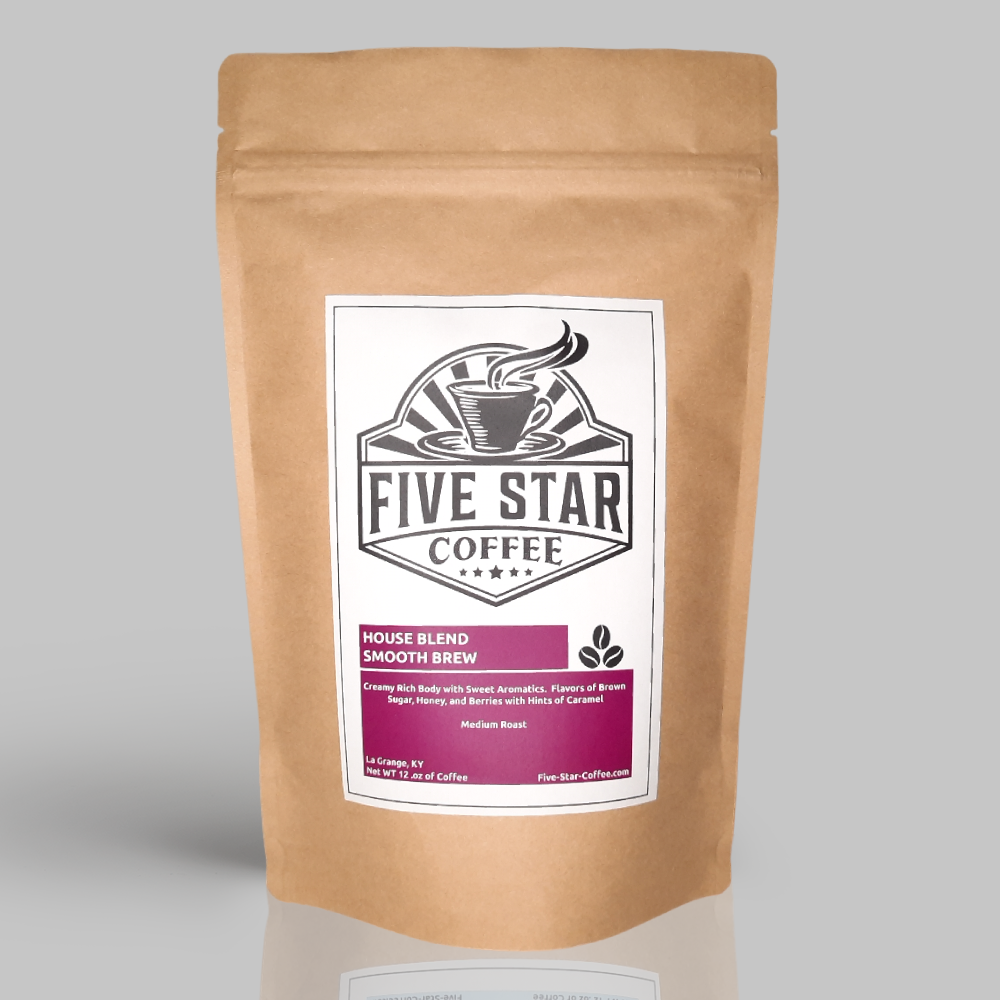 Five Star Coffee Smooth Brew medium roast house blend coffee bag featuring rich, creamy body with flavor notes of brown sugar, honey, berries, and caramel, roasted in La Grange, KY.