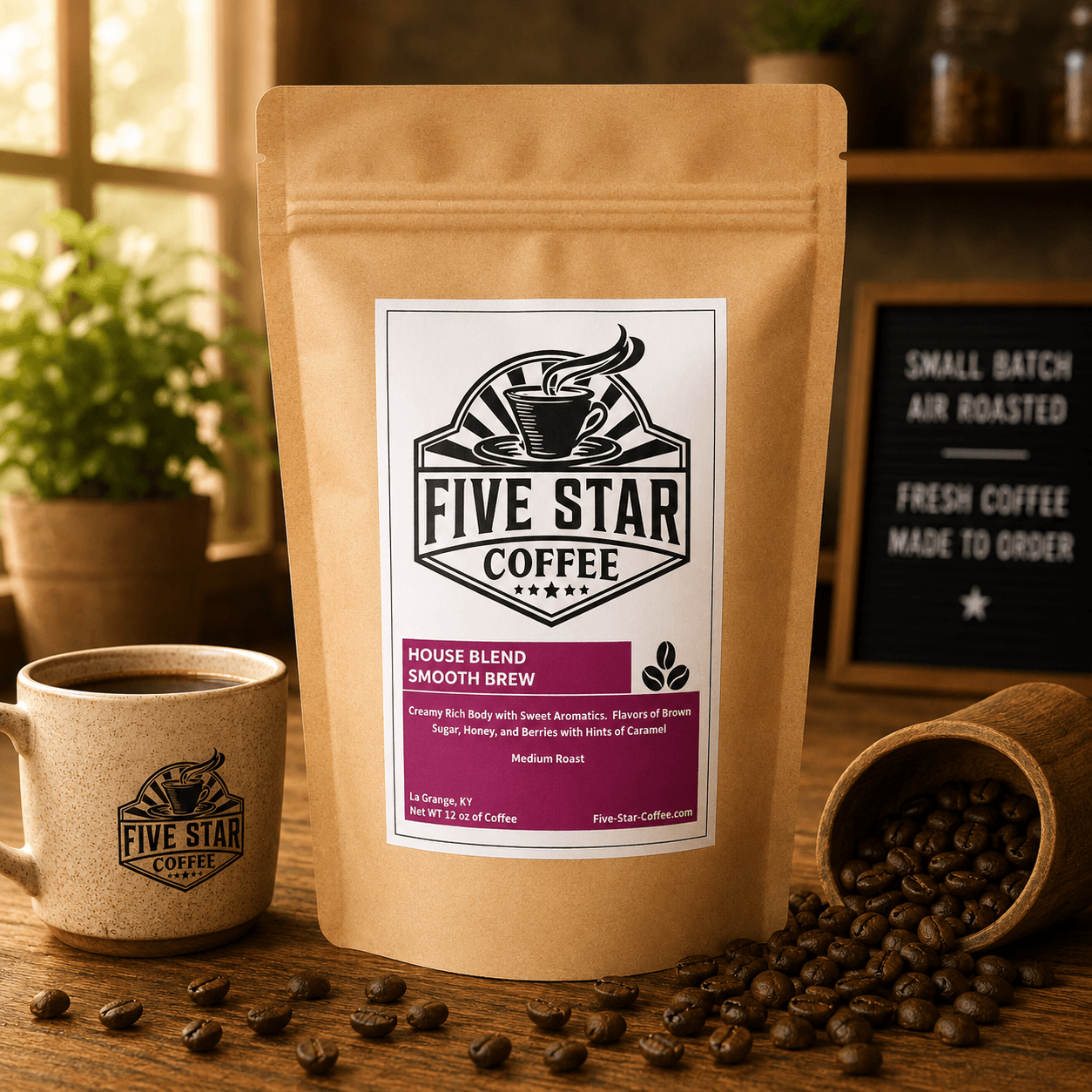 Five Star Coffee Smooth Brew house blend coffee bag on a warm wooden table with coffee beans, featuring a medium roast with brown sugar, honey, berries, caramel, and a creamy rich body.