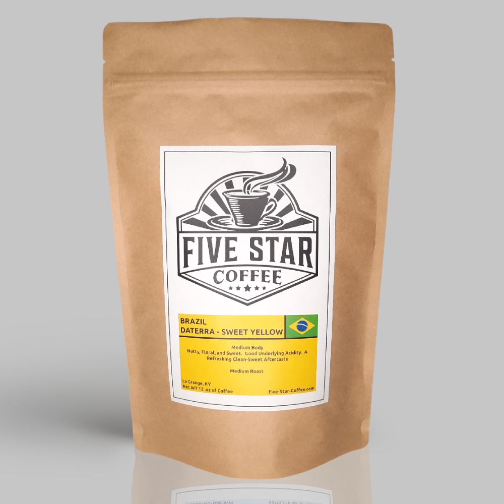 Five Star Coffee’s Brazil Daterra Sweet Yellow medium roast coffee bag featuring single origin beans from Cerrado, Brazil—floral and sweet, slow-matured at high altitude for a clean, complex flavor.