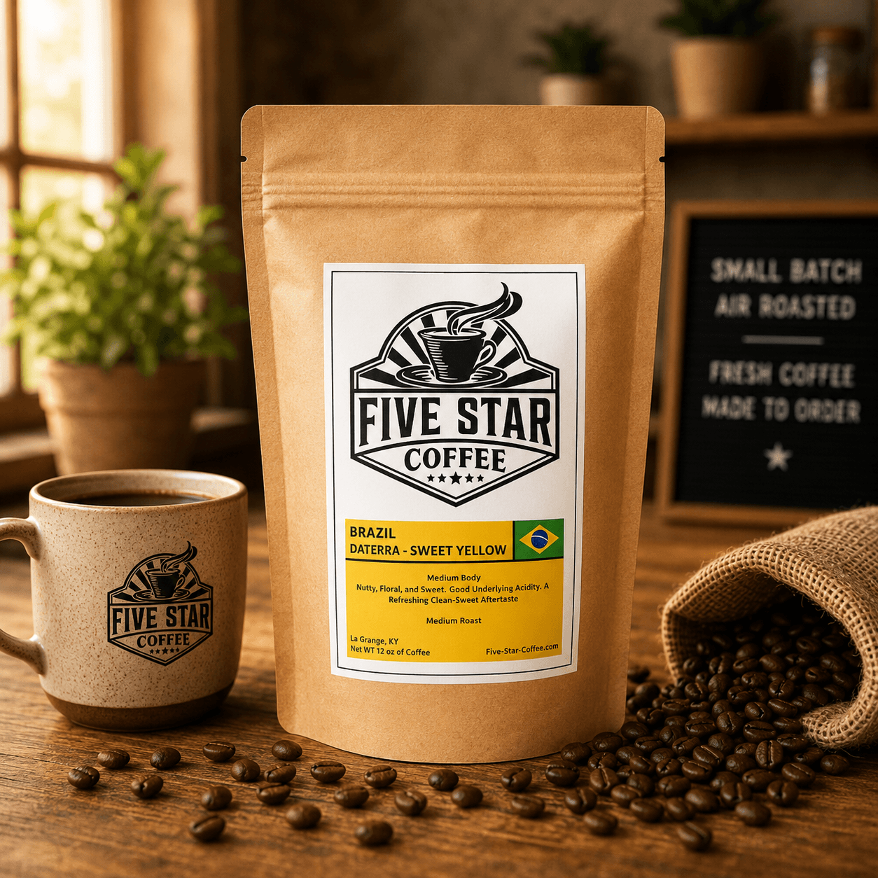 Five Star Coffee Brazil Daterra Sweet Yellow coffee bag on a warm wooden table with coffee beans, featuring a medium roast with nutty, floral, sweet notes and a clean, refreshing aftertaste.