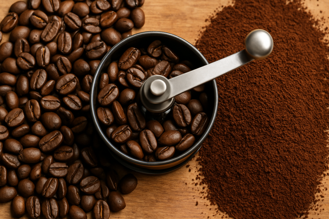 Whole coffee beans and ground coffee side by side on a wooden surface with a manual grinder, highlighting the difference between whole bean and ground coffee.