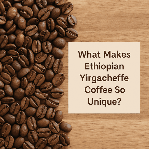 “Ethiopian Yirgacheffe coffee beans in a rustic ceramic bowl with a brewed cup beside them, fresh roasted by Five Star Coffee in Kentucky.”