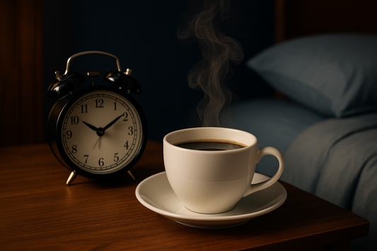 A steaming cup of coffee on a wooden nightstand beside a vintage alarm clock and a neatly made bed, set in a cozy nighttime bedroom environment.