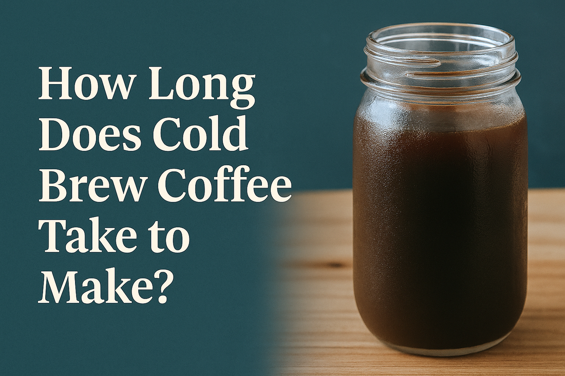 A clear glass jar filled with dark cold brew coffee sits on a wooden surface, with condensation on the outside and a soft focus background, representing a freshly made batch of homemade cold brew.