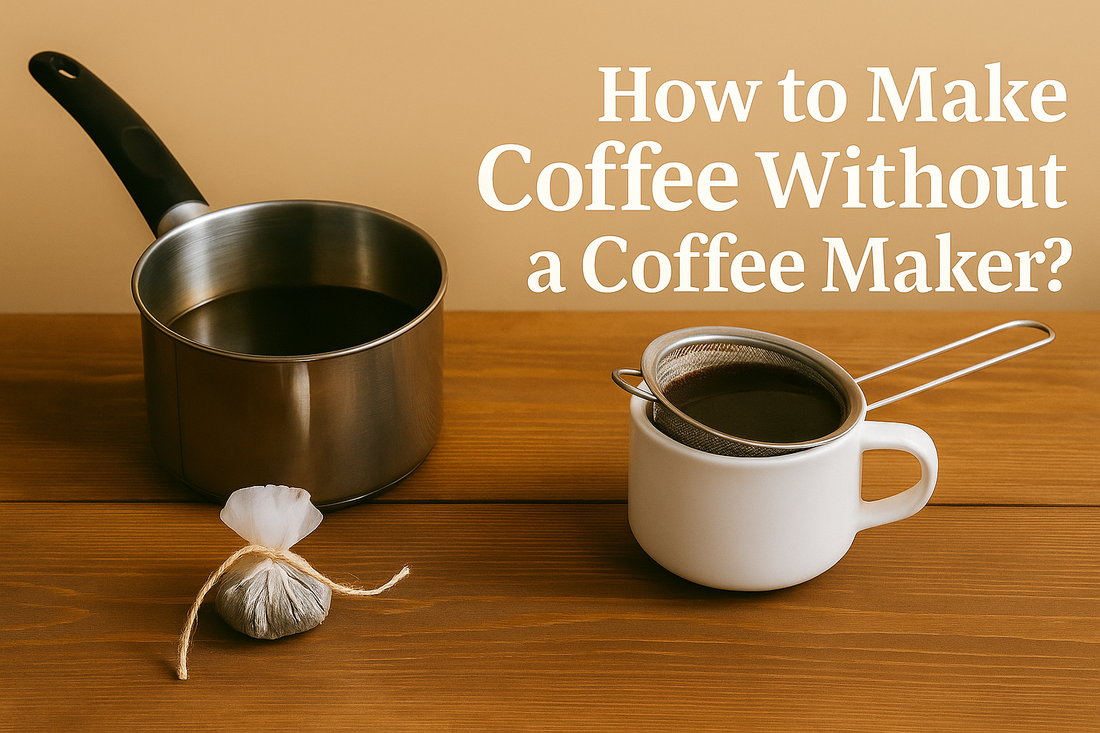 Three alternative coffee brewing methods displayed on a wooden surface, including a French press, pour-over setup, and a saucepan with coffee grounds.