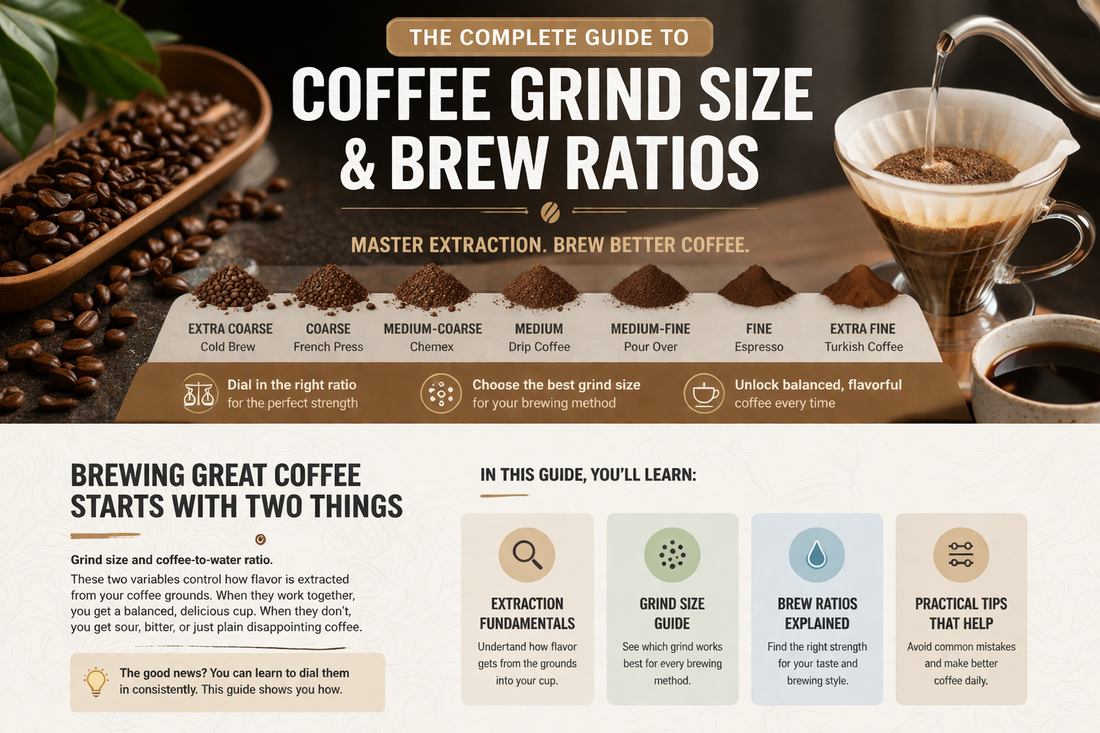 Coffee grind size chart and brew ratio guide showing grind levels and pour over coffee brewing