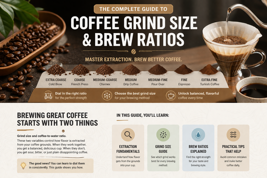 Coffee grind size chart and brew ratio guide showing grind levels and pour over coffee brewing