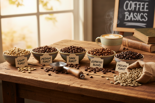 Five different levels of roasted coffee on a table