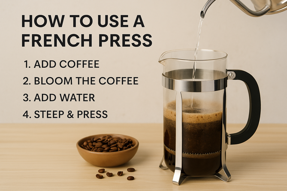 Step-by-step guide on how to use a French press, showing a French press with coffee being brewed and a list of instructions: add coffee, bloom the coffee, add water, steep and press."