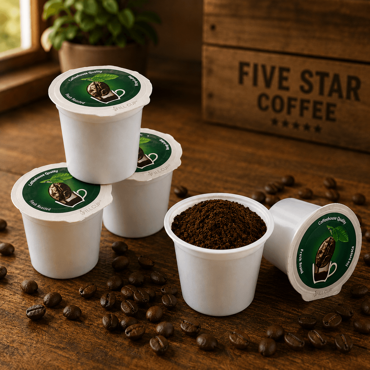 Five Star Coffee single-serve coffee pods with roasted beans and fresh ground coffee.