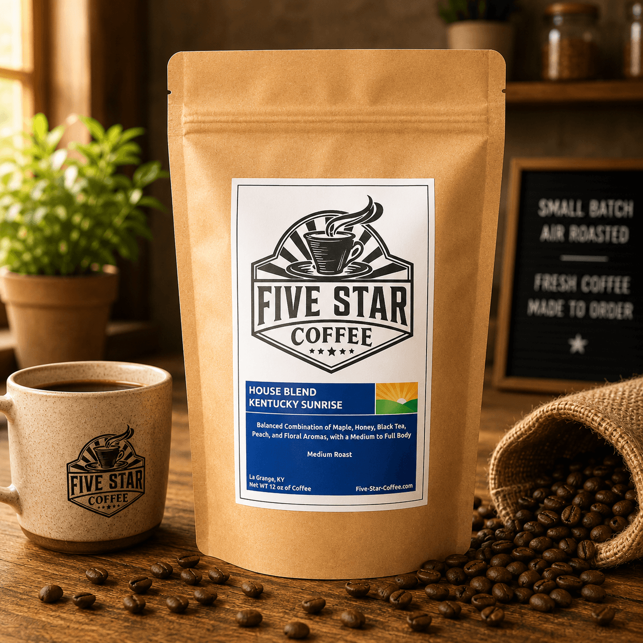 Five Star Coffee Kentucky Sunrise house blend coffee bag on a warm wooden table with coffee beans, featuring a medium roast with maple, honey, black tea, peach, and floral aromas.