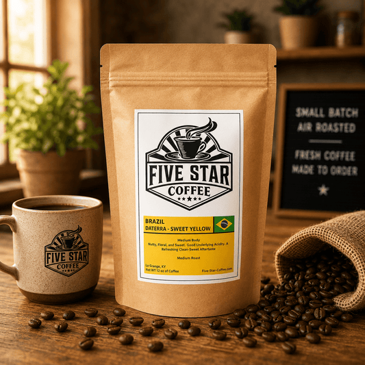 Five Star Coffee Brazil Daterra Sweet Yellow coffee bag on a warm wooden table with coffee beans, featuring a medium roast with nutty, floral, sweet notes and a clean, refreshing aftertaste.